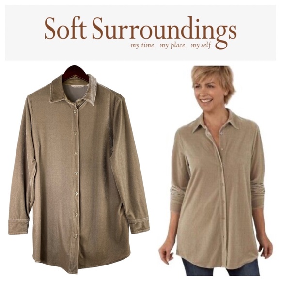 Soft Surroundings Boyfriend Velvet Medium Tunic Top Shirt Button Down Tan Velour - Picture 1 of 4